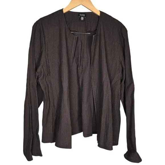Eileen Fisher Brown Textured Pintuck Crinkle Zip‎ Front Cardigan Jacket Women L - Picture 3 of 8